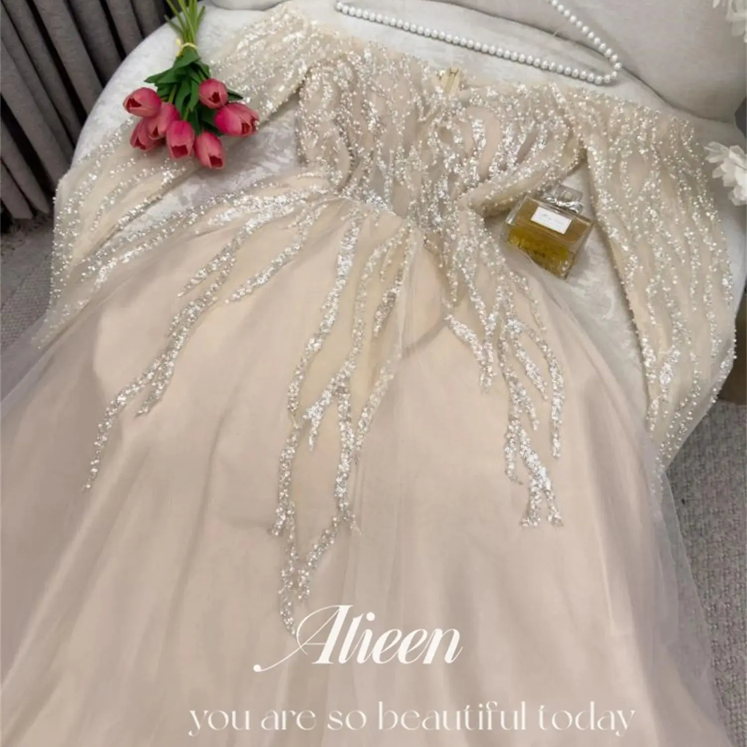 

Aileen Bead Embroidery Shiny Customized Long Sleeves Elegant Women's Luxury Wedding Party Dress Prom Dresses 2024 Evening Woman