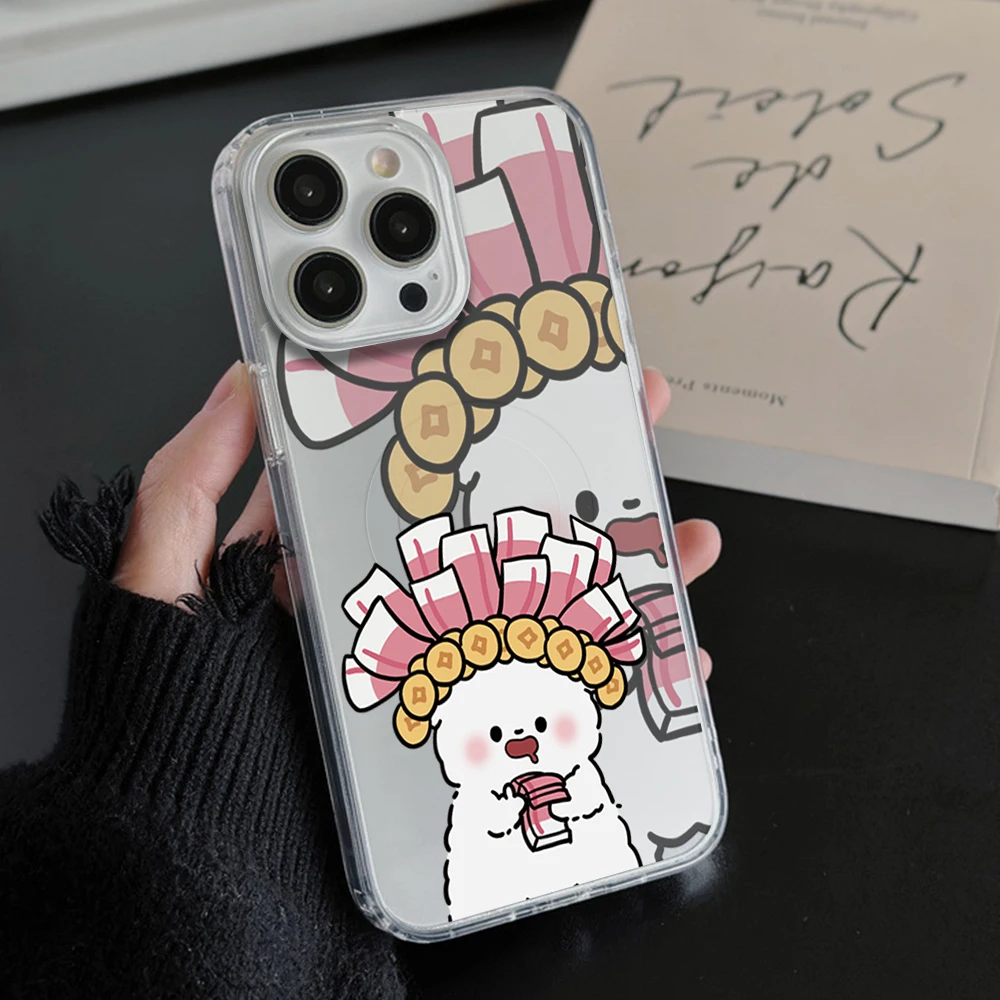 Cartoon Money Ingot Phone Case For iPhone 11 12 13 14 15 16 Pro Max Plus Magesafe Magnetic Transparent Charge Soft Shell