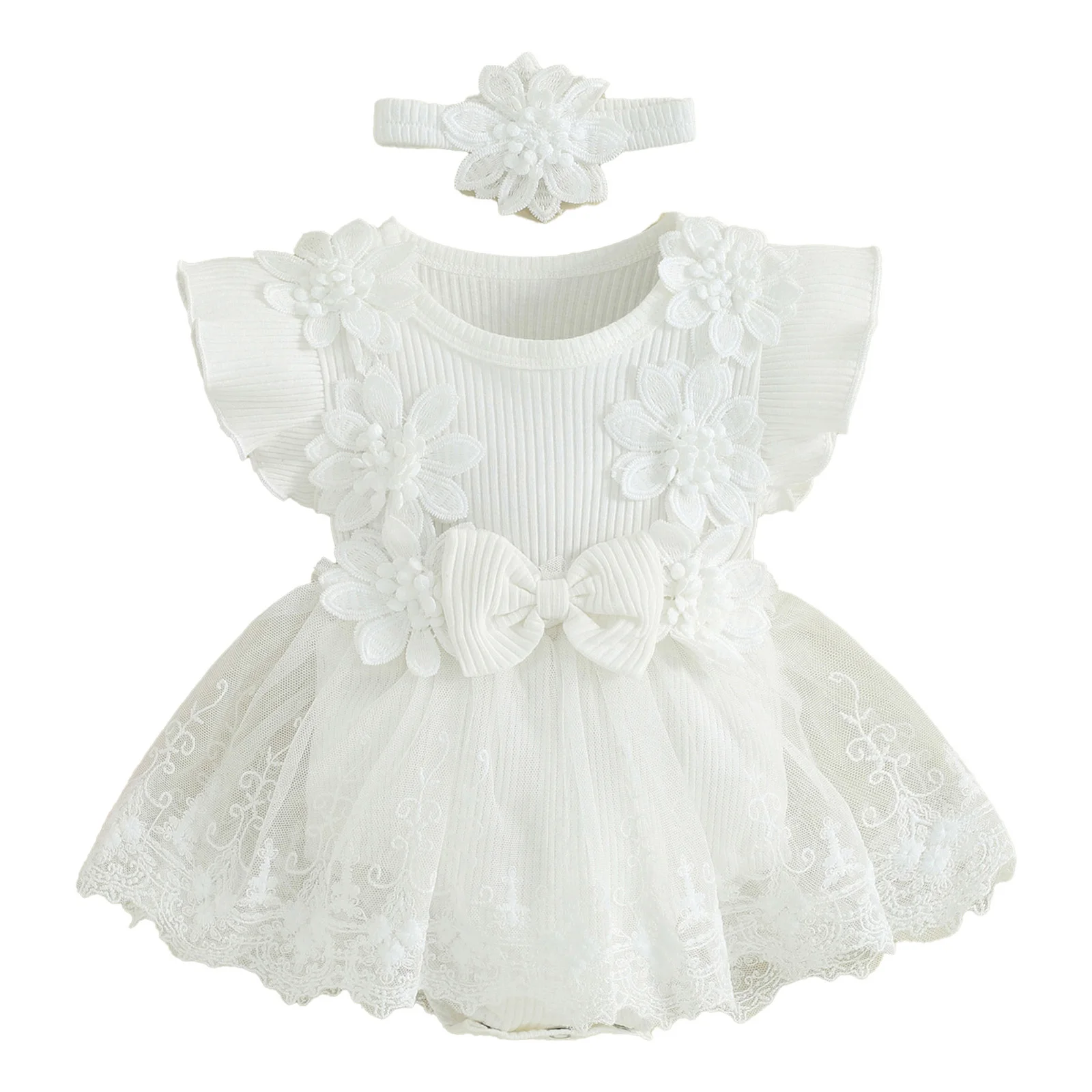 Neonate Flower pagliaccetto Dress Princess Gown Applique Fly Sleeve Lace Birthday Wedding Party Dress neonato Toddlers Clothes