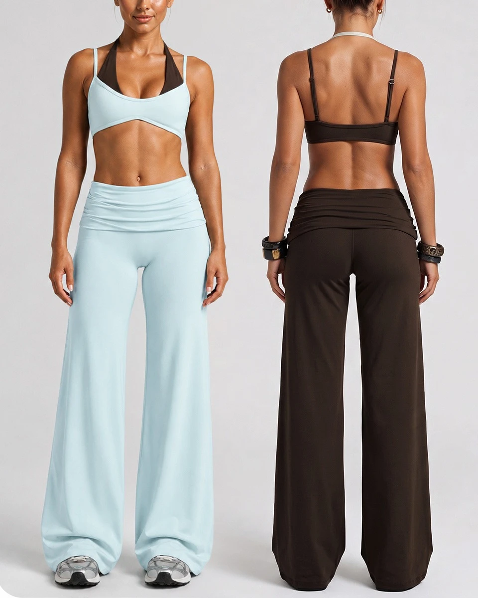 SWT Women Halter Sports Bra Adjustable Back Crop Top Foldover Waist Wide Leg Yoga Pants Soft Fitness Activewear Gym Pilates