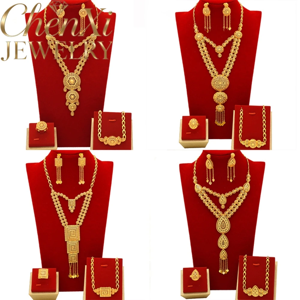 High-End Luxury Alluvial Gold Elegant Fashion Popular Jewelry Set Women Wedding Party Banquet Necklace Earrings Ring 4pcs Gift
