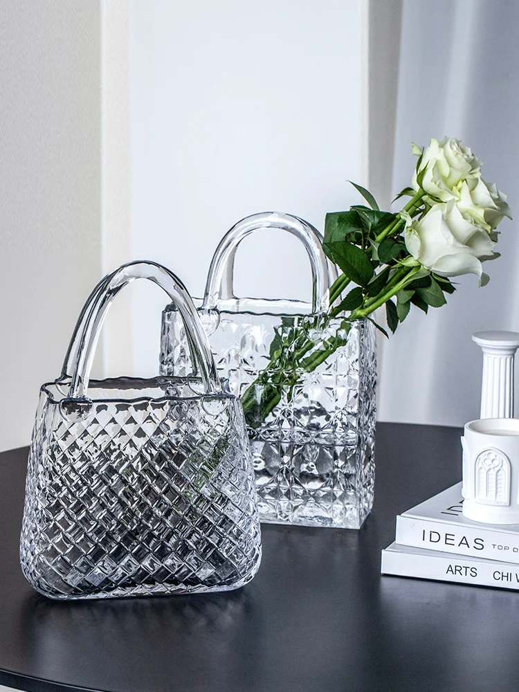 Crystal Handbag Flower Vase Home Decorative Accories Transparent Water Cultivated Roses Soft Home Decor Basket European St...