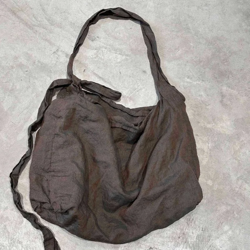 Vintage Yarn-dyed Linen Double-layer Tote Bag for Women, Adjustable Tie Strap, Large Shoulder & Crossbody Casual Shopping Bag