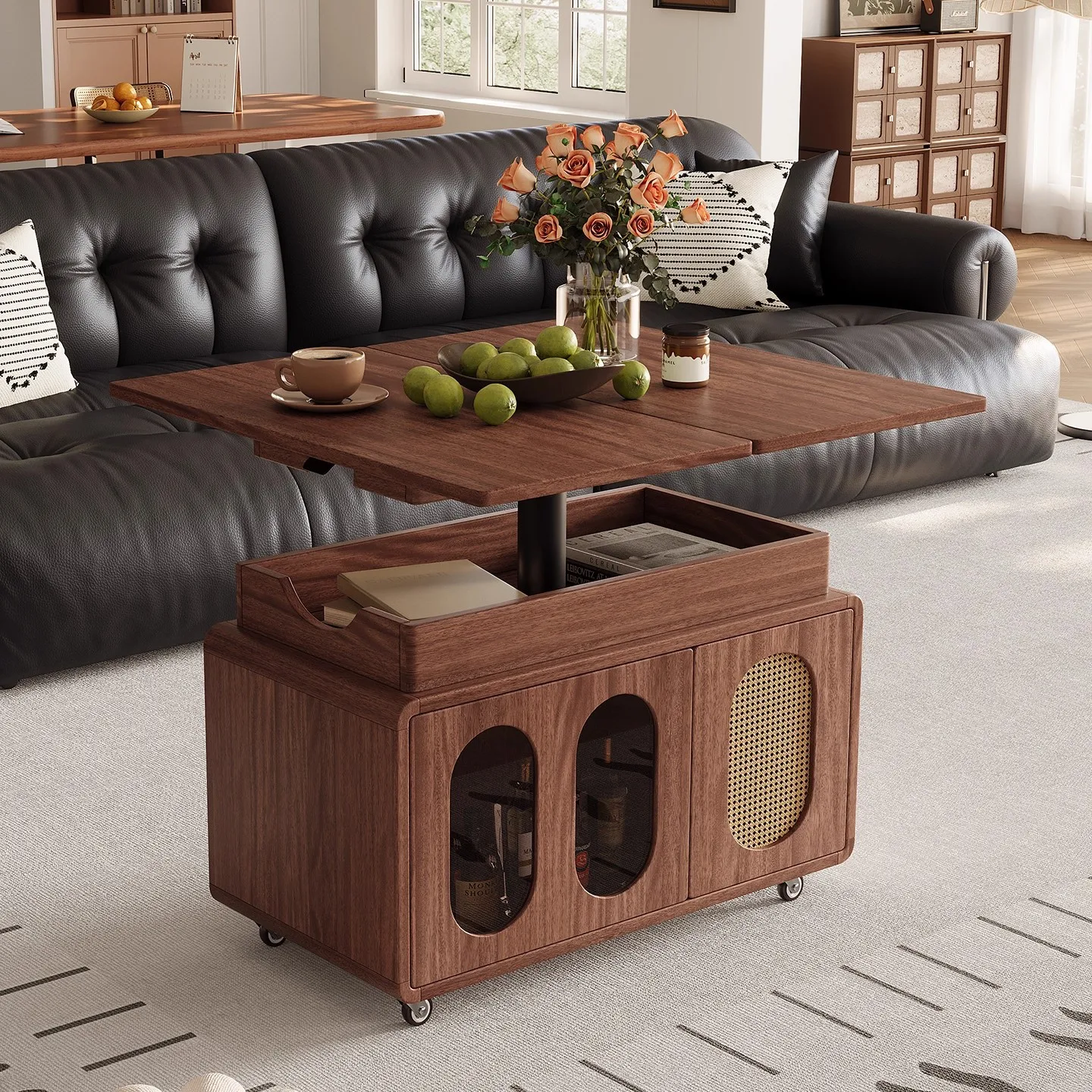 LH all solid wood movable lifting folding coffee table living room household small apartment cart
