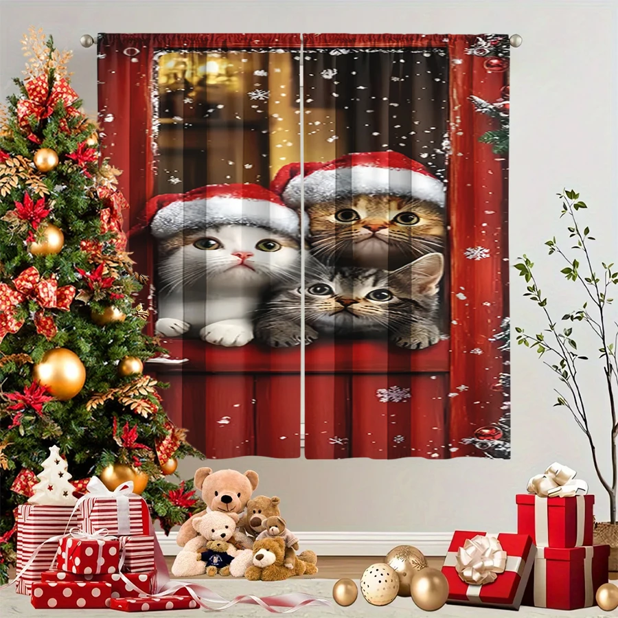 2PCS Christmas Winter Curtains, Three Kitten Christmas Hat Window Snow Red Cute, Digital Print, Bedroom Living Room, Home Decor
