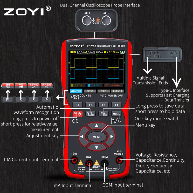 ZOYI ZT-703S 3-in-1 Oscilloscope Multimeter with 3.5 Inch IPS Display,25000 Counts, Dual Channel 50MHZ Bandwidth,280MSa/s High