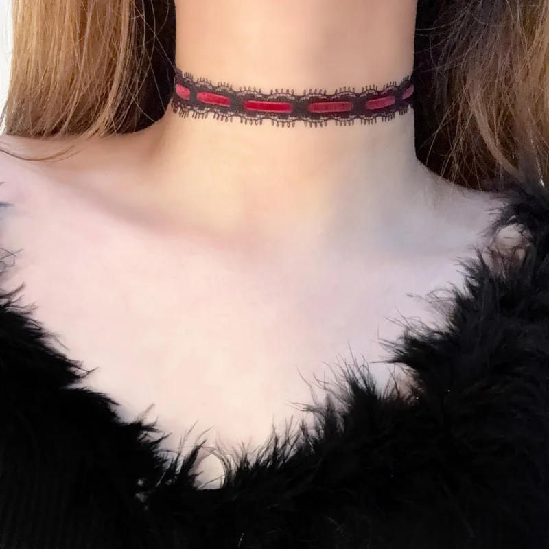 Black Band Cross Choker for Women Red Heart Beaded Bow Pearl Necklace Clavicle Lady Jewelry Accessories Girl Gift