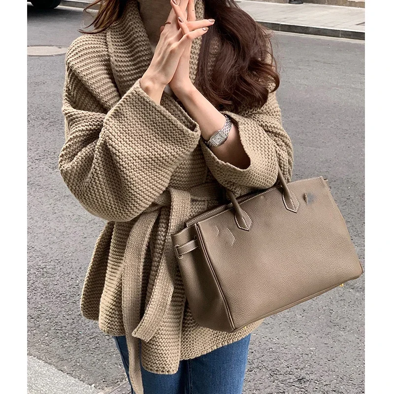 Vintage Loose Knitted Cardigans Women Khaki  Autumn Lace-up Streetwear Woolen Cardigan Ladies Korean Thicken Winter Sweater