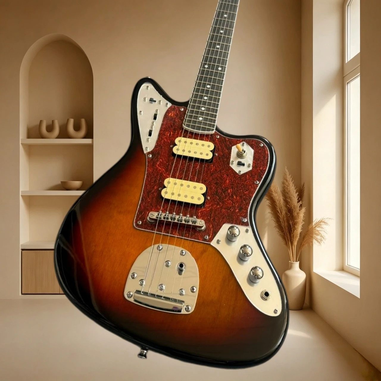Sunburst Electric Guitar Dual Vintage Humbuckers Floating Tremolo Surf Rock Indie Rock Stage Tortoise Red Pickguard Dot Inlay