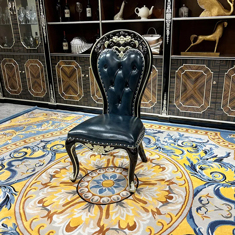European leather dining chair French dining chair court luxury neo-classical ebony solid wood carved dining room  chair