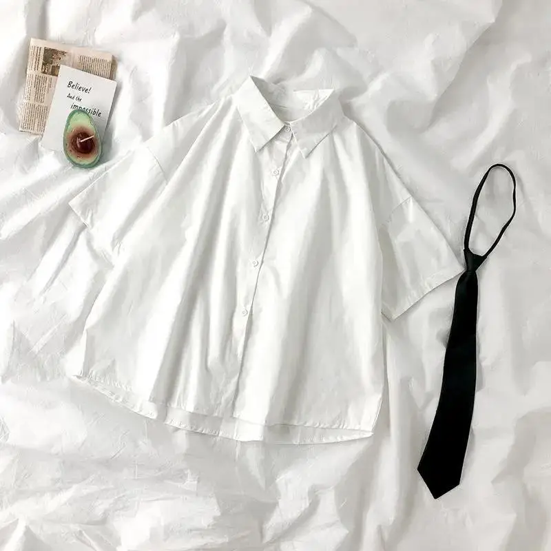 DAYIFUN 2023 White Shirt Women Blusas Short Sleeve Lapel Blouse with Tie Japanese Fashion Student Summer Daily College Style Top