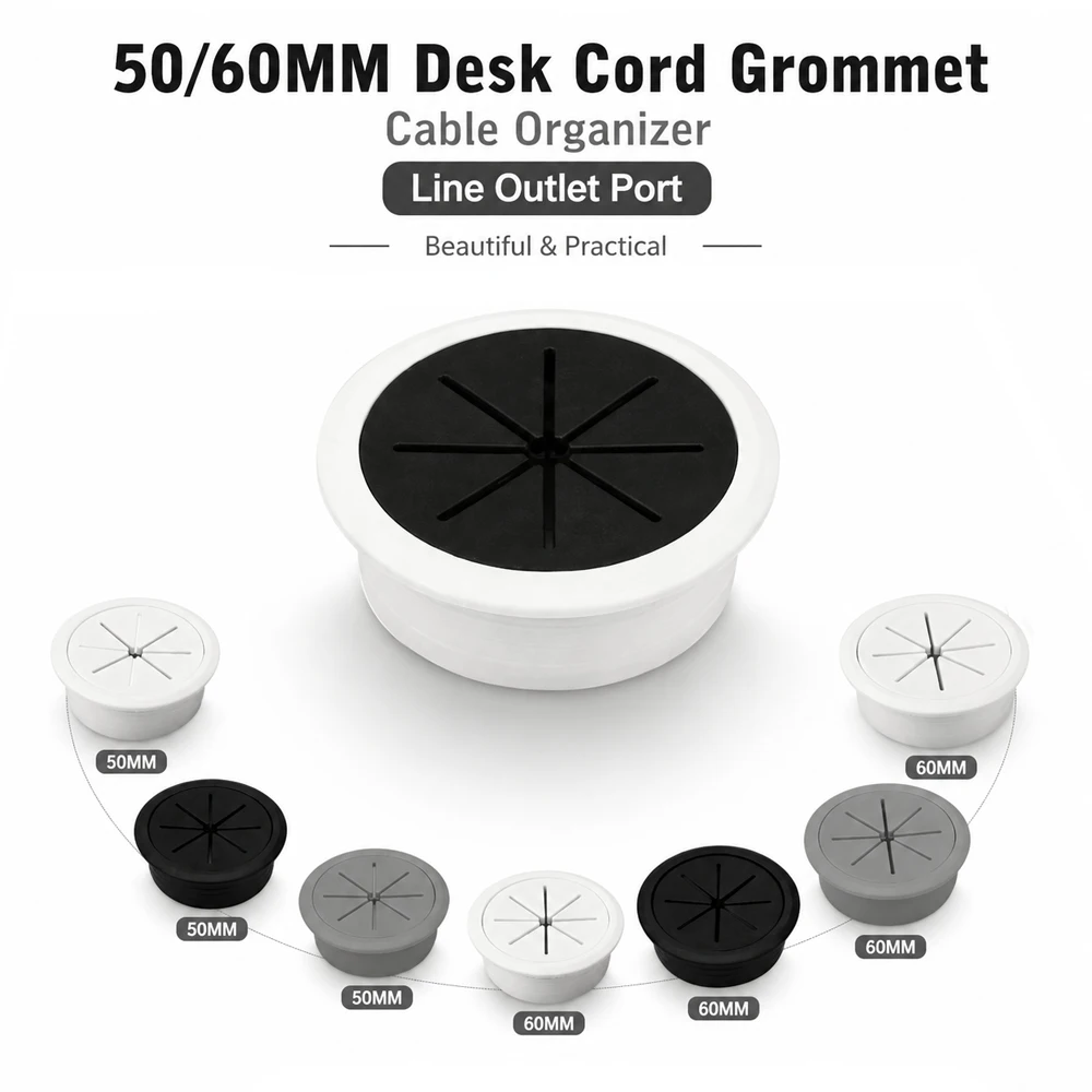 1-5pcs 50/60mm Desk Cable Grommet, Round Wire Hole Cover with Threading Box, Office Table Cord Pass Through Port for Cable Manag