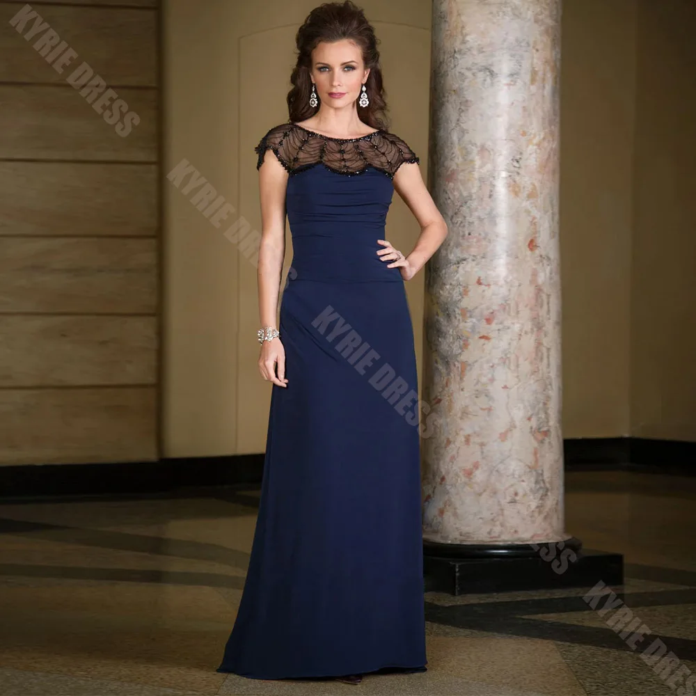 Customized Mother of The Bride Dresses Short Sleeves Boat Neck A Line Chiffon Beading for Wedding Guest Gown Party Evening Dress