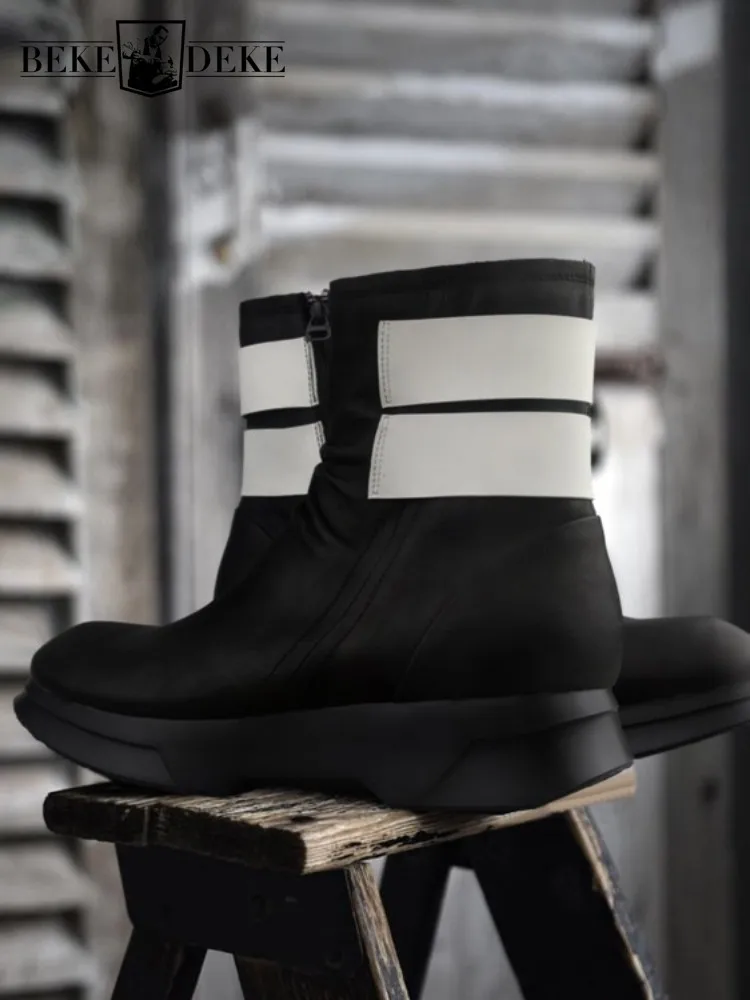 Korean Style Cowhide Round Toe Height Increase Platform Ankle Boots Mixed Color Genuine Leather Zipper Male High Top Shoes