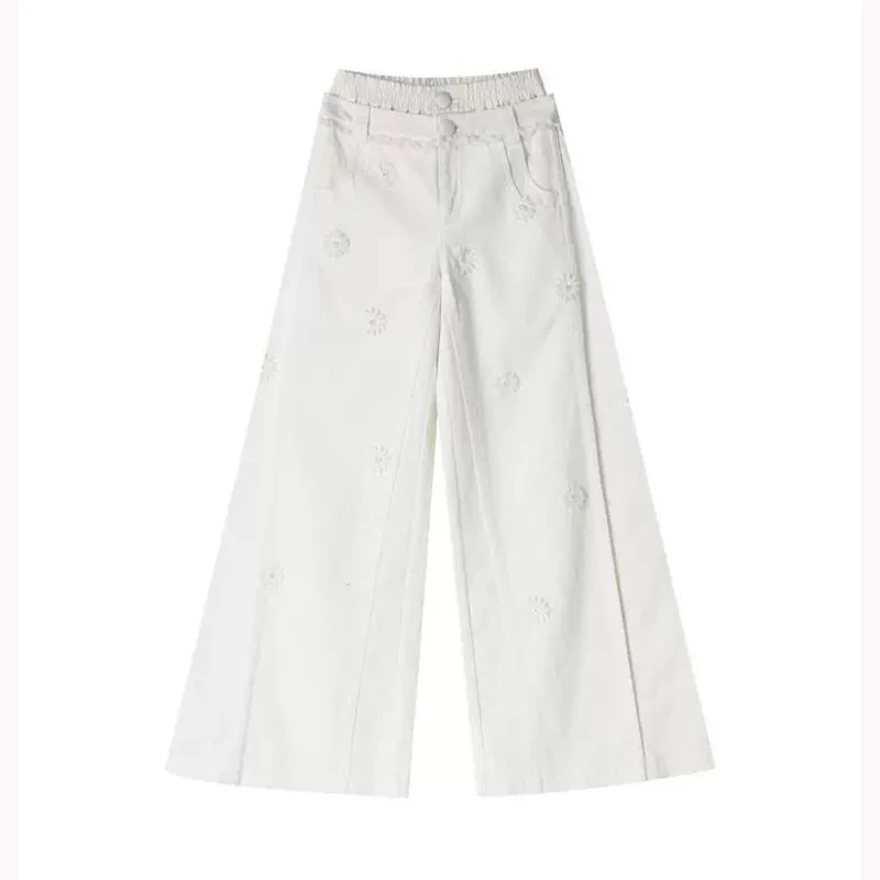 Y2k calças de perna larga femininas francês suave margarida bordado cintura alta branco perna reta jeans primavera outono novo estilo