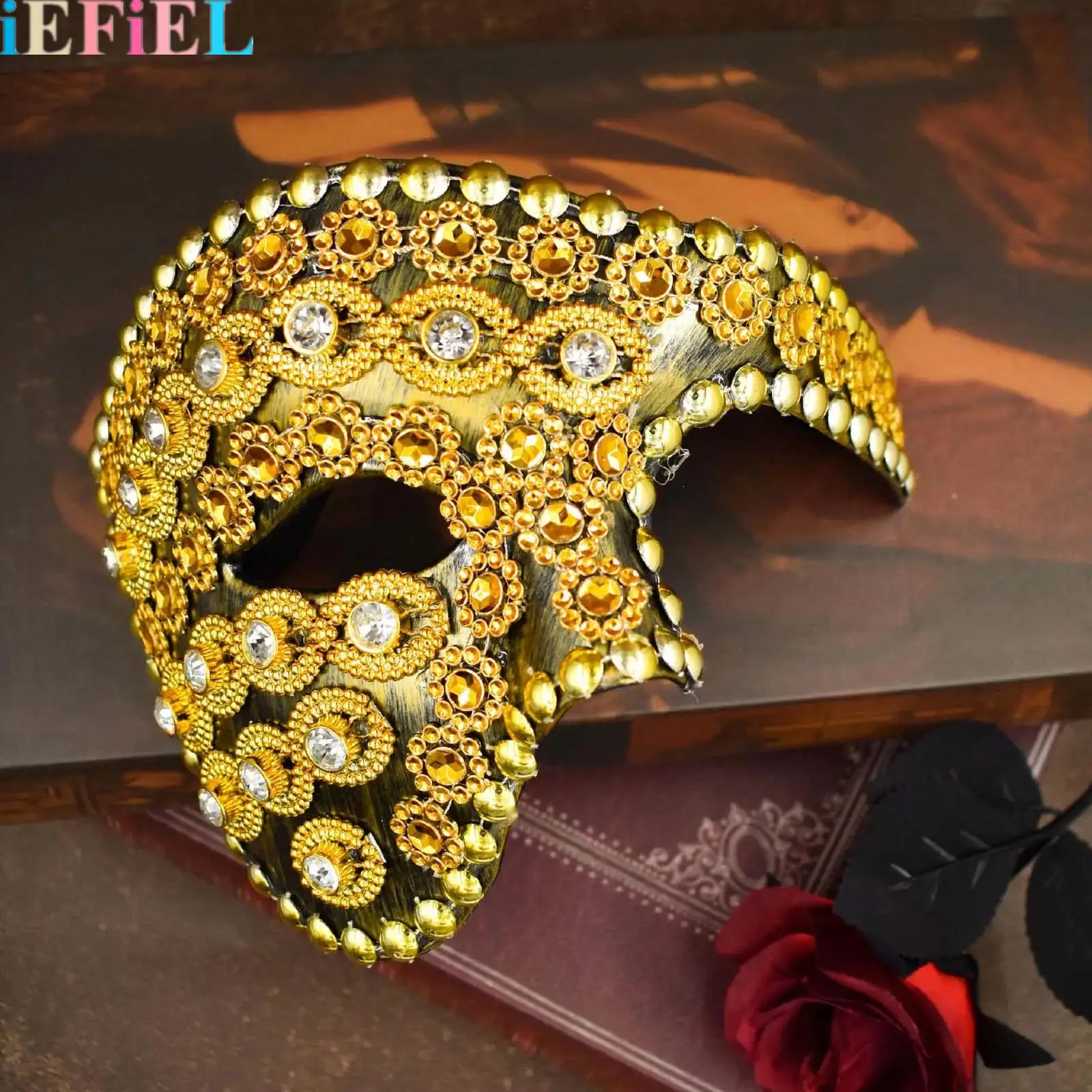 

1Pcs Vintage One-eyed Half-face Rhinestones Mask Or Men Venetian Mask Opera Mask for Party Mardi Gras Ball