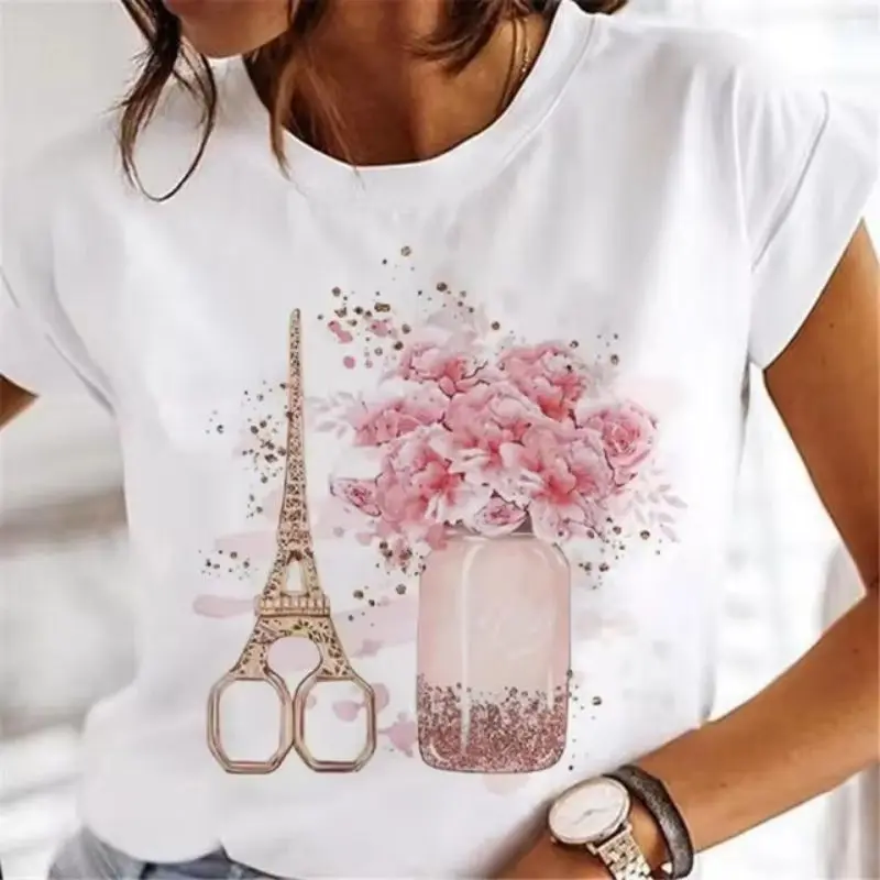 Mode Rosa Blumen Flasche Gedruckt T-Shirt Frauen Kleidung Mädchen 90er Jahre Cartoon Druck Kleidung Grafik Tops Dame Weibliche Tees