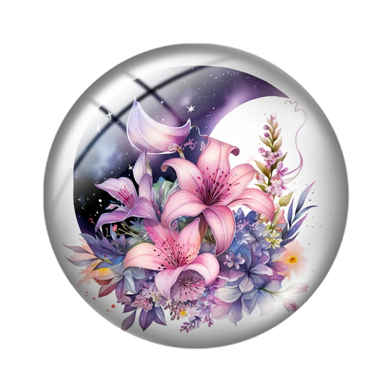 Watercolor Pink Floral Moon  10pcs 12mm/16mm/18mm/25mm Round Photo Glass Cabochon Demo Flat Back Making findings