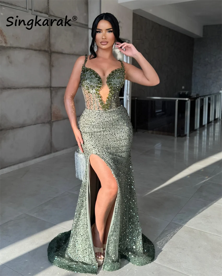 

Shining Green Crystals Evening Dress Mermaid Sweetheart Sequins Birthday Party Dress Bridemaid Gown For Women Customized