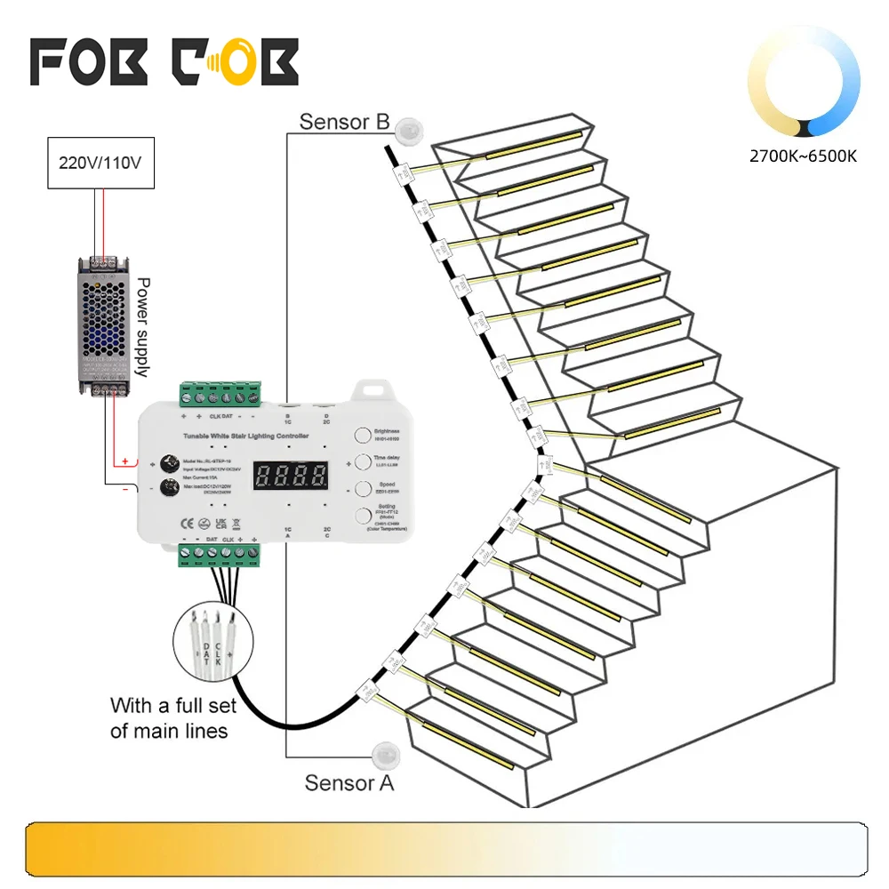 

CCT Dimmable LED Stair Light Strip Motion Sensor Stair Strip Light 5-20 Steps Kit with 24V CCT COB Strip and Power Transformers