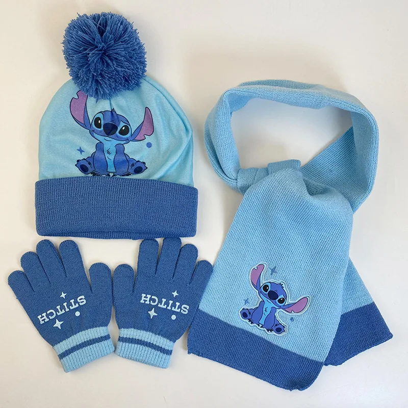 Miniso chapéu infantil de desenho animado, chapéu de malha, cachecol, luvas, conjunto de três peças, outono e inverno, conjunto quente de cachecol