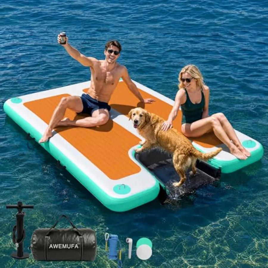 Inflatable Floating Dock with Ramp for lake, ocean, beach, pool use; PVC material; gray/blue color; ultra-stable, quick-inflate
