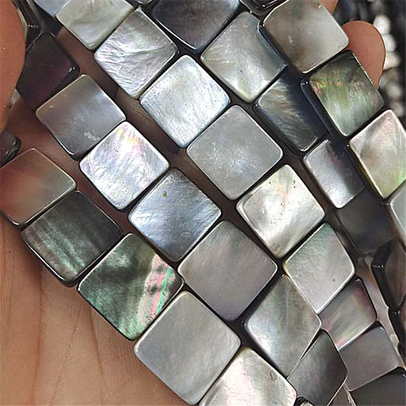 40CM Length Natural Black Lip Shell String Saltwater Mother Of Pearl Square Shape 12MM 15MM DIY Jewelry Accessories Free Ships