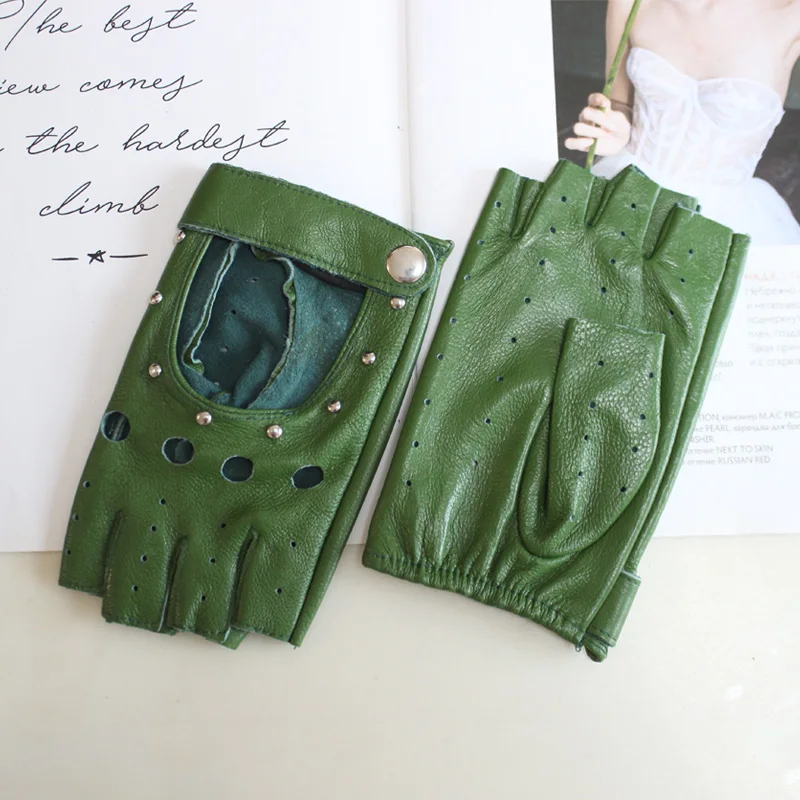 New Women's Sheepskin Half Finger Gloves Thin Style Unlined Rivet Style Colored Genuine Leather Driving Gloves