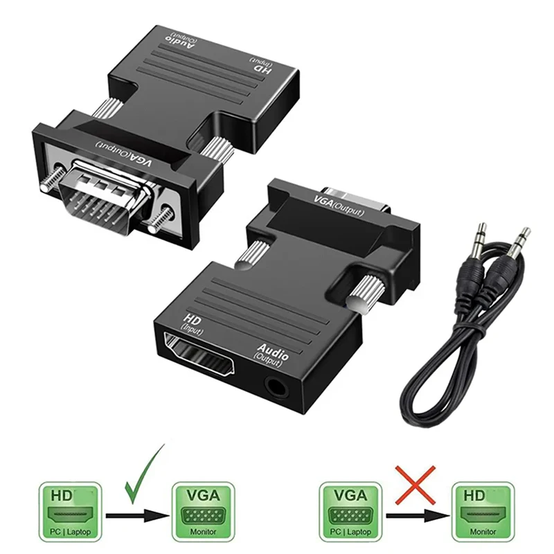 HD 1080P HDMI-compatible to VGA Converter with 3.5mm Audio Adapter Female to Male Converter for PC Laptop TV Monitor Projector