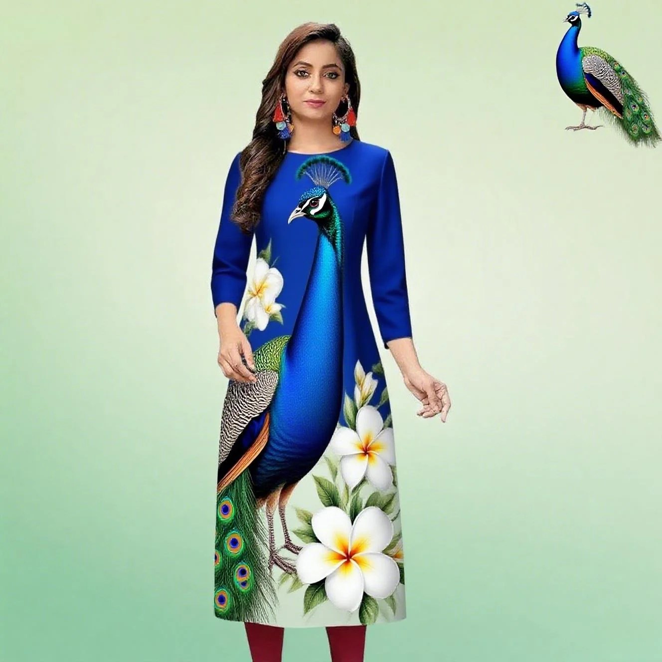 Abito moda casual Kurt da donna a maniche lunghe tubo dritto casual fiore etnico mandarino girocollo design di dimensioni regolari