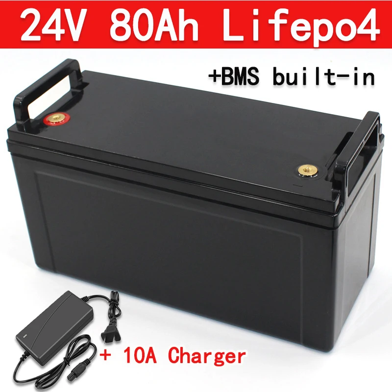 Portable lifepo4 24v 80Ah battery pack with BMS 8s for electric car energy storage HEV UPS E-motor back up power+10A Charger