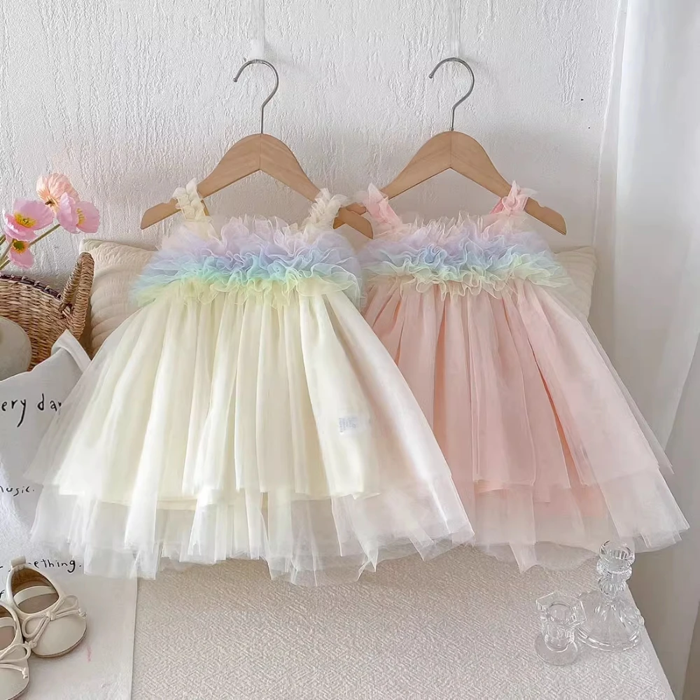 Rainbow Summer Kids Girls Mesh Slip Dress Fuffy Tulle Tutu Toddler Princess Dresses