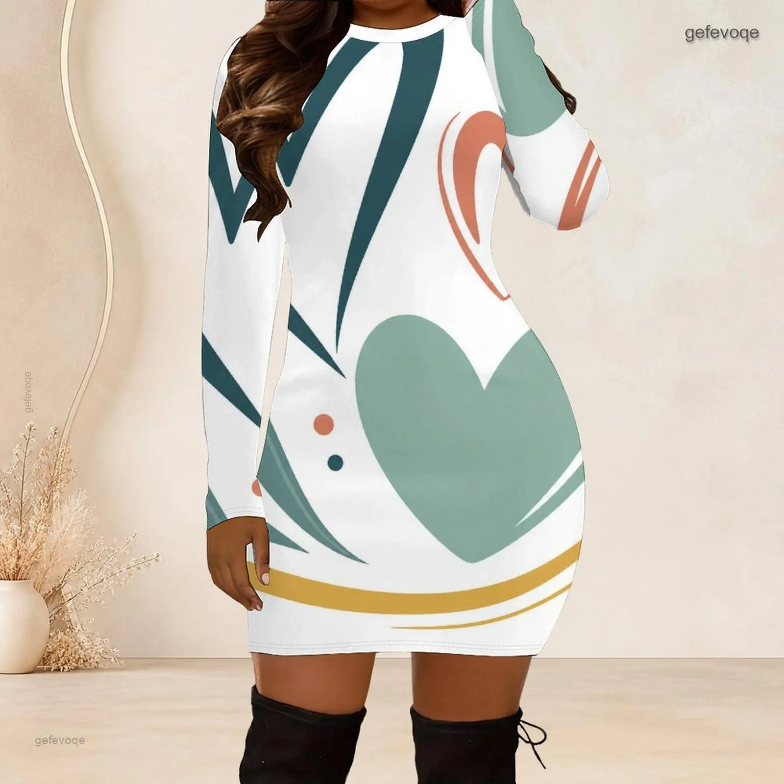 Women Crew Neck Long Sleeve Bodycon Mini Dress Slim Fitted Pencil Short Dress Custom Print Ladies Club Party Dresses