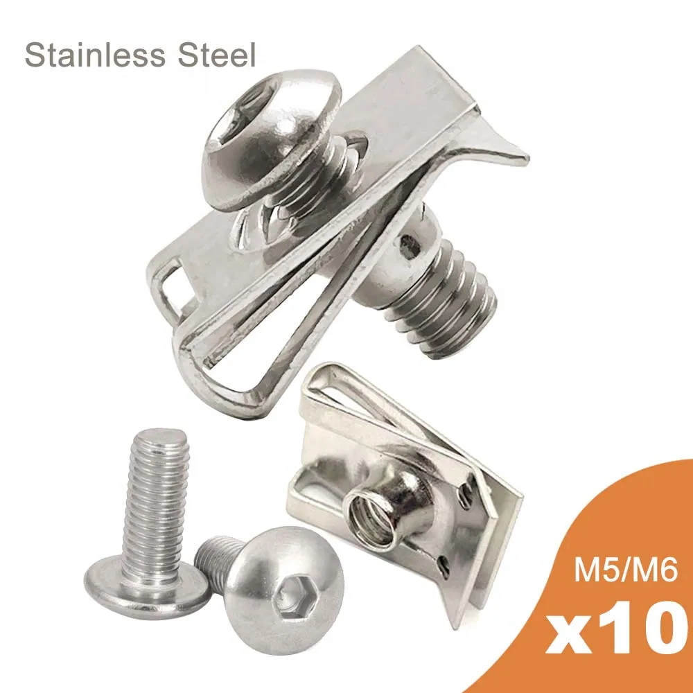 10 Set Plastic Cover Silver Stainless Steel Screw Bolt and U Type Clips with Nut M6 6mm M5 5mm for Motorcycle Scooter ATV Moped