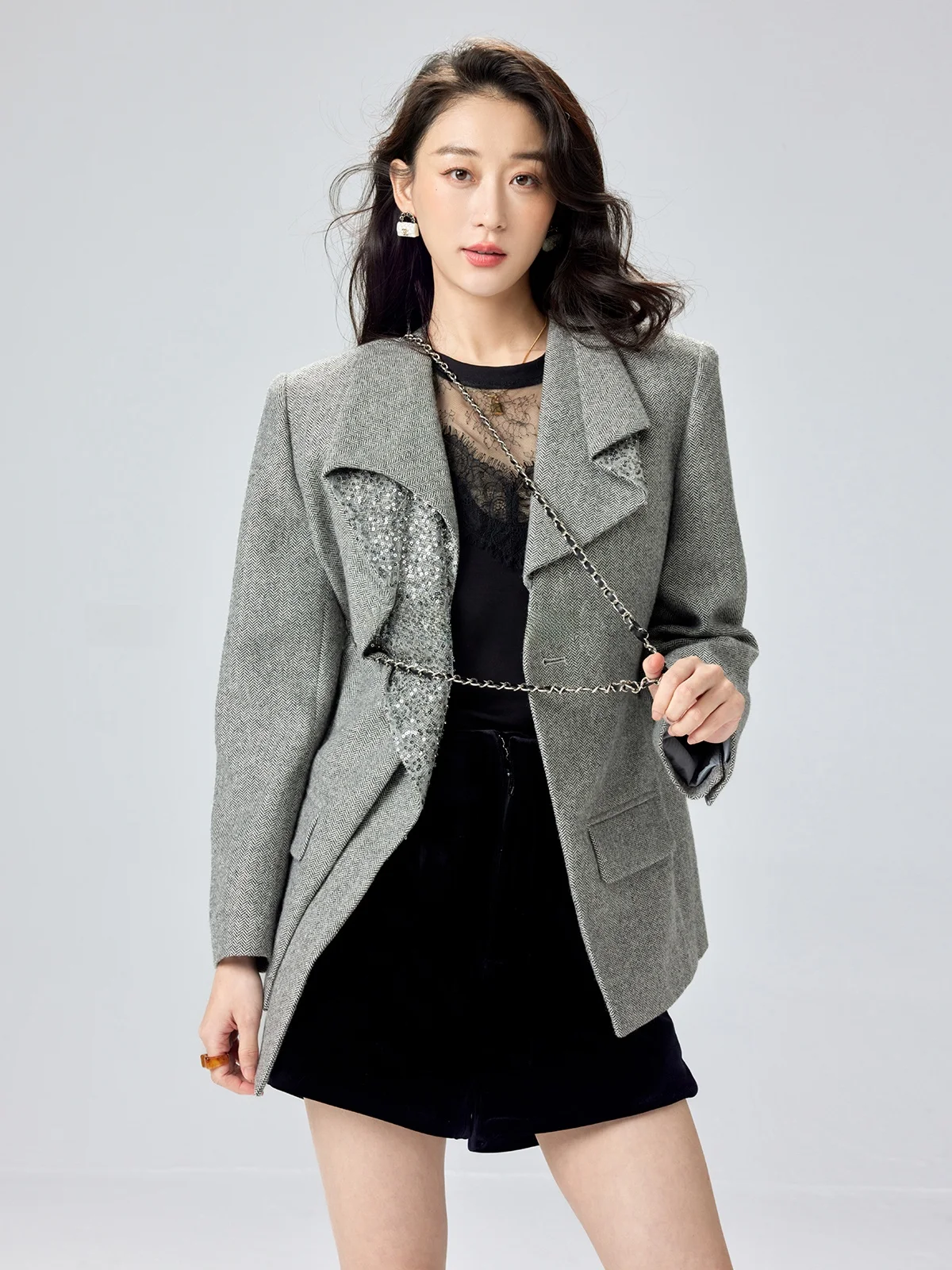 

Dragon Joy Маленький дизайн, тяжелый шерстяной блестящий твидовый костюм, свободный крой, длинный све, на одной пуговице