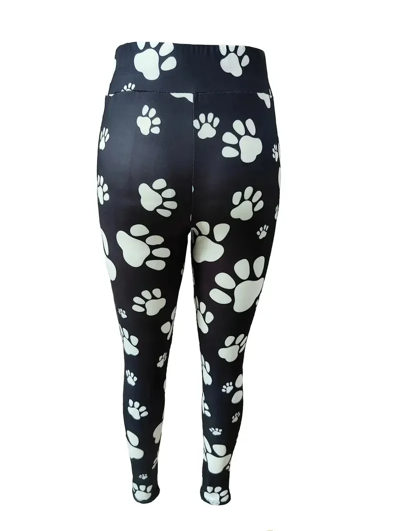 Cute cat paw print casual hip lift elastic elastic waist tight-fitting daily wear travel working women\'s leggings