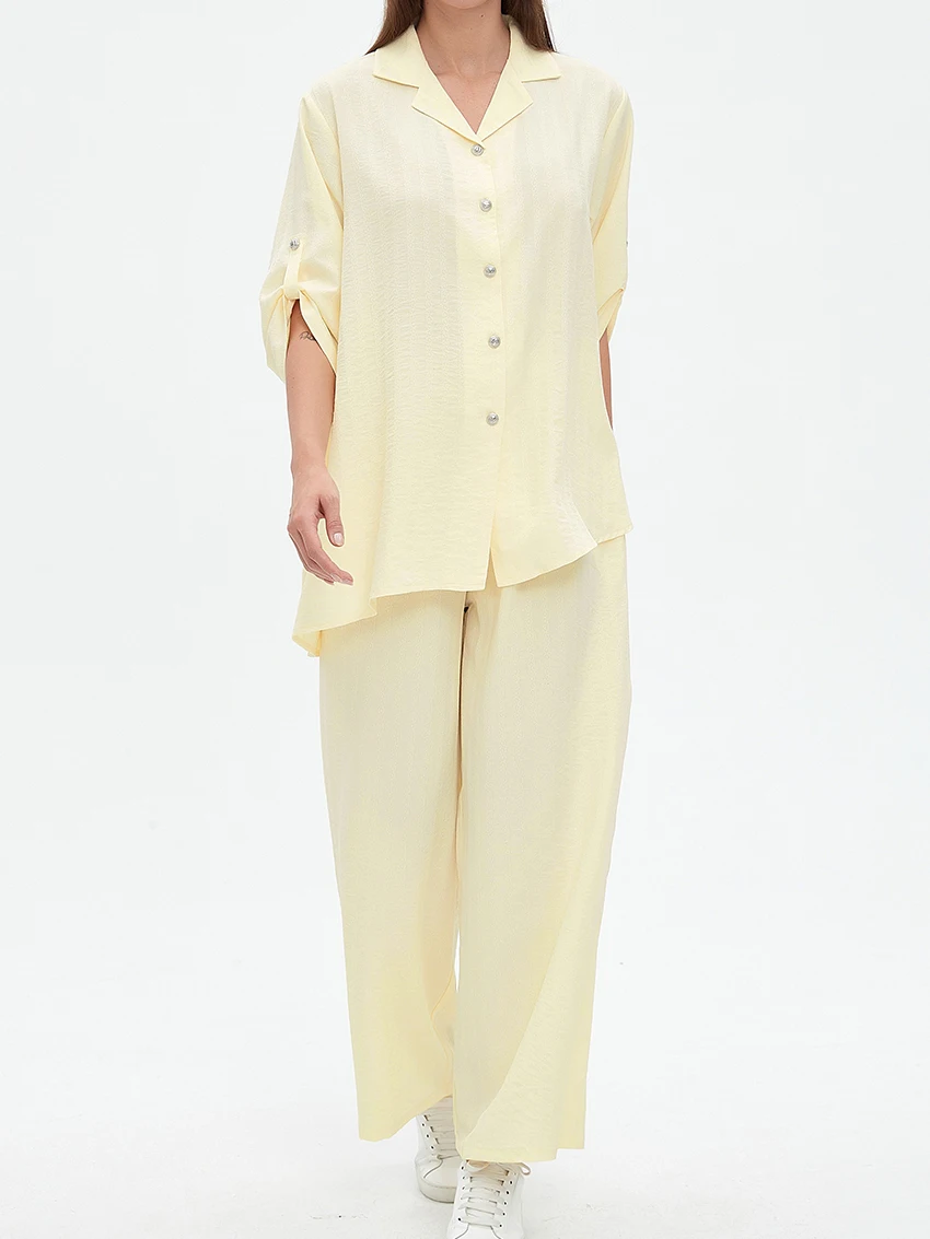 

Parc Fee Fashion Loose Yellow Linen Women's Two Pieces Set 2025 Elegant Short Sleeve Shirt With High Waist Wide Pants Set Female