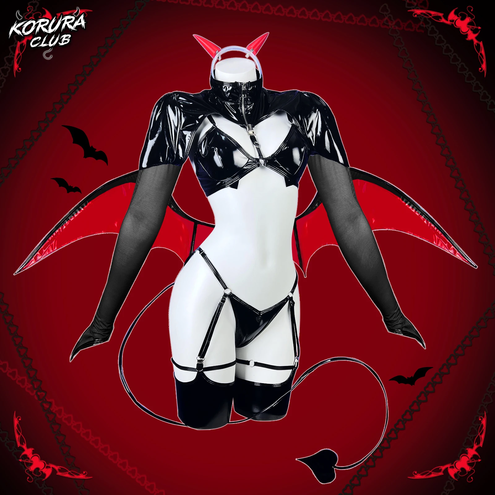 KORURACLUB Cosplay Love Heart Succubus Lingerie PU Leather One Piece Bodysuit For Women  (6-PIECE SET) view 2