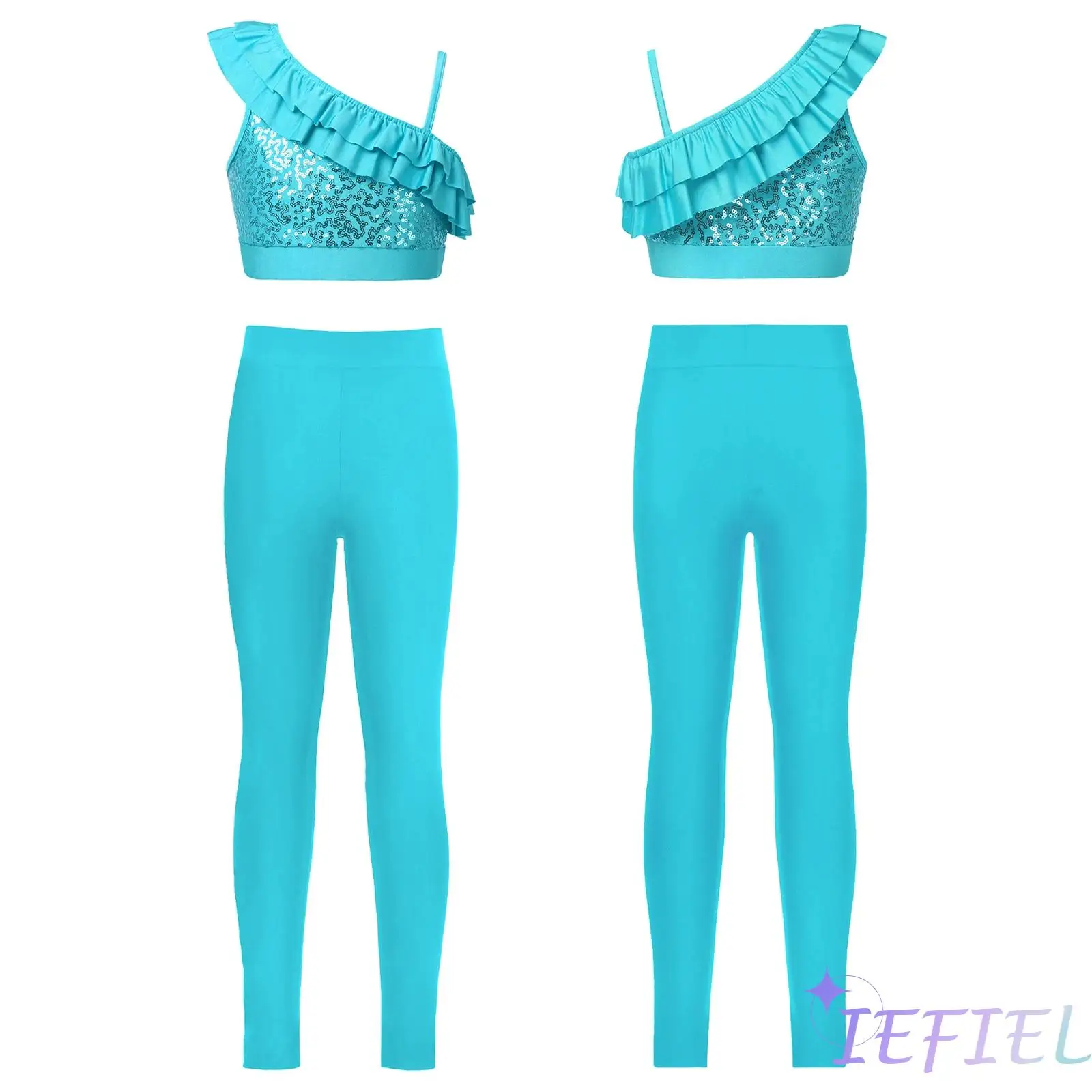 Girls Sequin Dance Crop Top Set Asymmetrical Shoulder Straps Ruffle with Leggings for Yoga Gymnastics Dance Skating Casual Wear