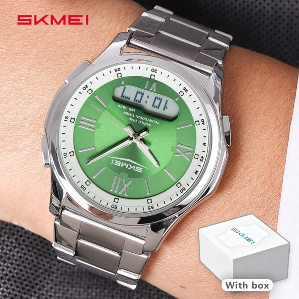 skmei-エレガントなラウンドメンズ腕時計ゴールドトーンステンレス鋼アナログデジタルデュアルディスプレイワールドタイムアラーム防水腕時計-2459