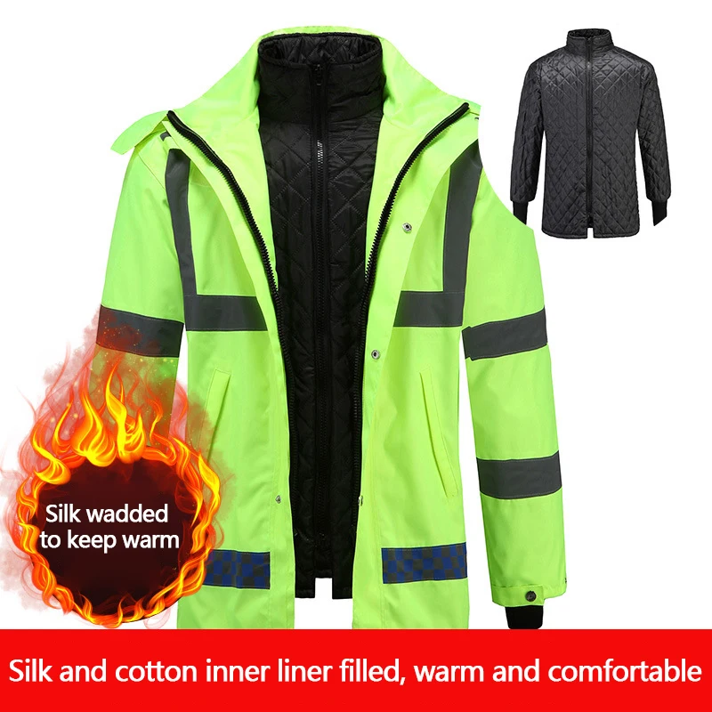 Reflective raincoat winter cold resistant warm cotton-padded jacket traffic duty reflective thick padded jacket removable inner