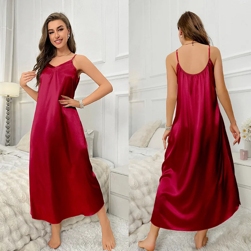 Women\'s Ice Silk Satin Causal Nightgown Long Slip Sleep Dress Silk V Neck Sling Solid Color Long Loose Nightwear