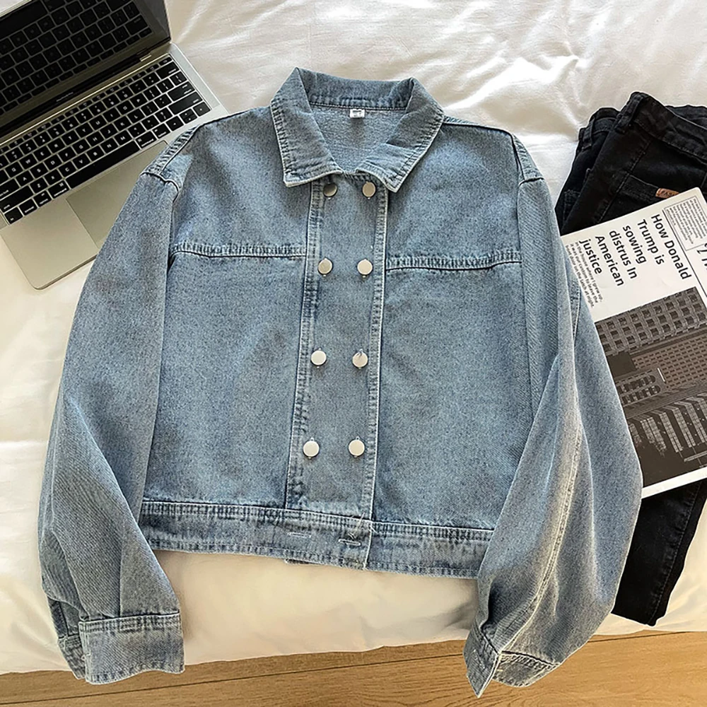 

Fashion Women Denim Jackets 2023 Spring Autumn Casual Loose Long Sleeve Double-Breasted Coats Female Outerwear Retro Streetwear