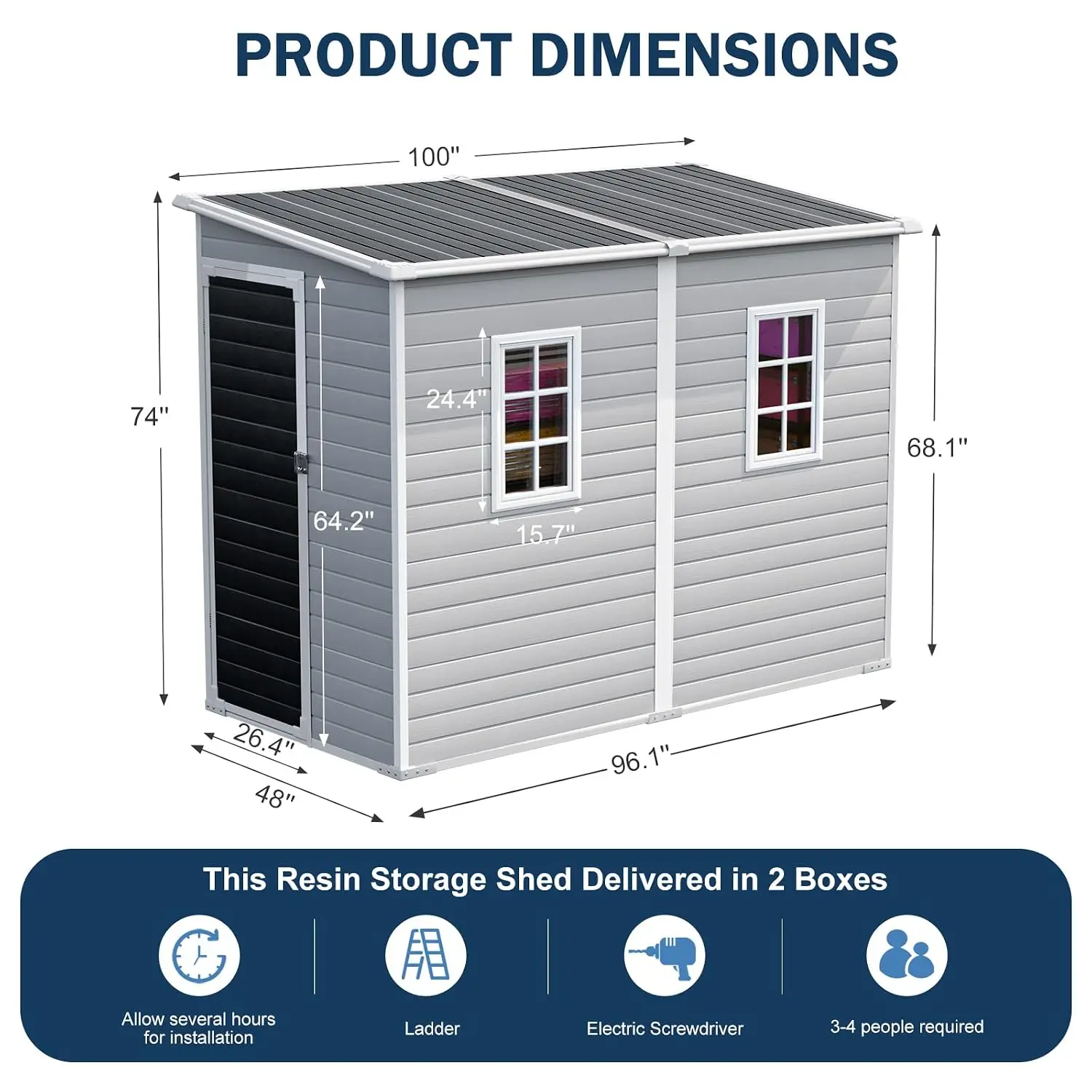 4x8 FT Resin Outdoor Storage Shed with Floor & Adjustable Windows, Plastic Tool Shed for Backyard Garden Patio, Customized