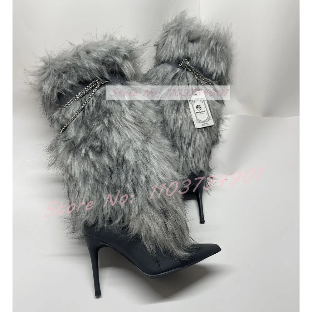 

Furry Metal Chain Belt Buckle Stiletto Boots Women Sweet Pointy Toe Slip-On High Heels Shoes Ladies Fashion Knee Length Boots