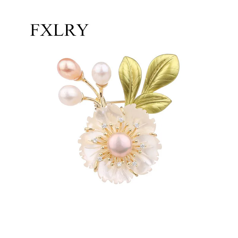 

FXLRY Romantic Inlaid Zircon Natural Fritillary Flower Pearl Brooch For Women Wedding Jewelry