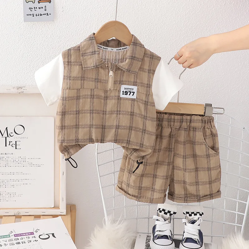 

Kids Baby Boy 2 Piece Set 2024 Summer Plaid Patchwork Turn-down Collar Short Sleeve T-shirts + Shorts Infant Boys Clothes Outfit