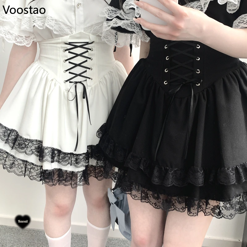 Rok Mini gaya Gotik Lolita rok kue pesta balutan Ruffle renda Y2k manis wanita Jepang rok Kawaii Punk antik anak perempuan