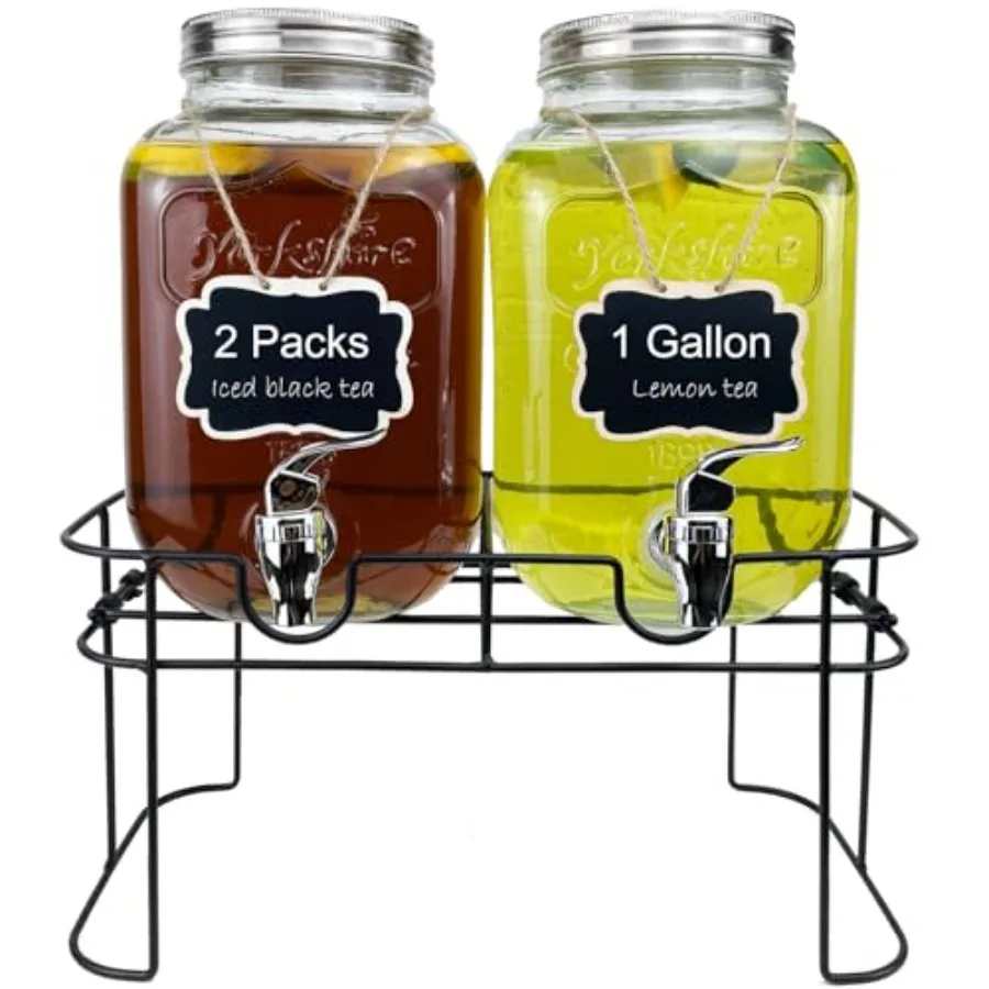 Dispensador de Bebidas de Vidrio de 1 Galón para Fiestas, Paquete de 2 Dispensadores de Jugo, Limonada, Té Helado y Agua con Soporte, Dispensadores de Bebidas con S