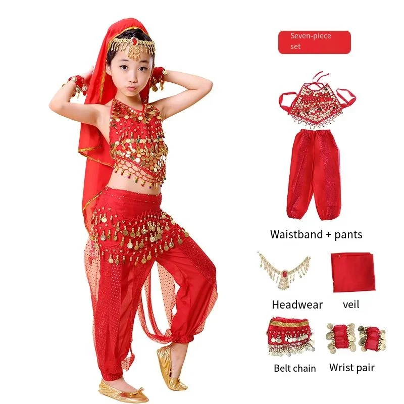 

7 Piece Children's Belly Dance Costume Girls Sequin Stage Performance Indian Costume